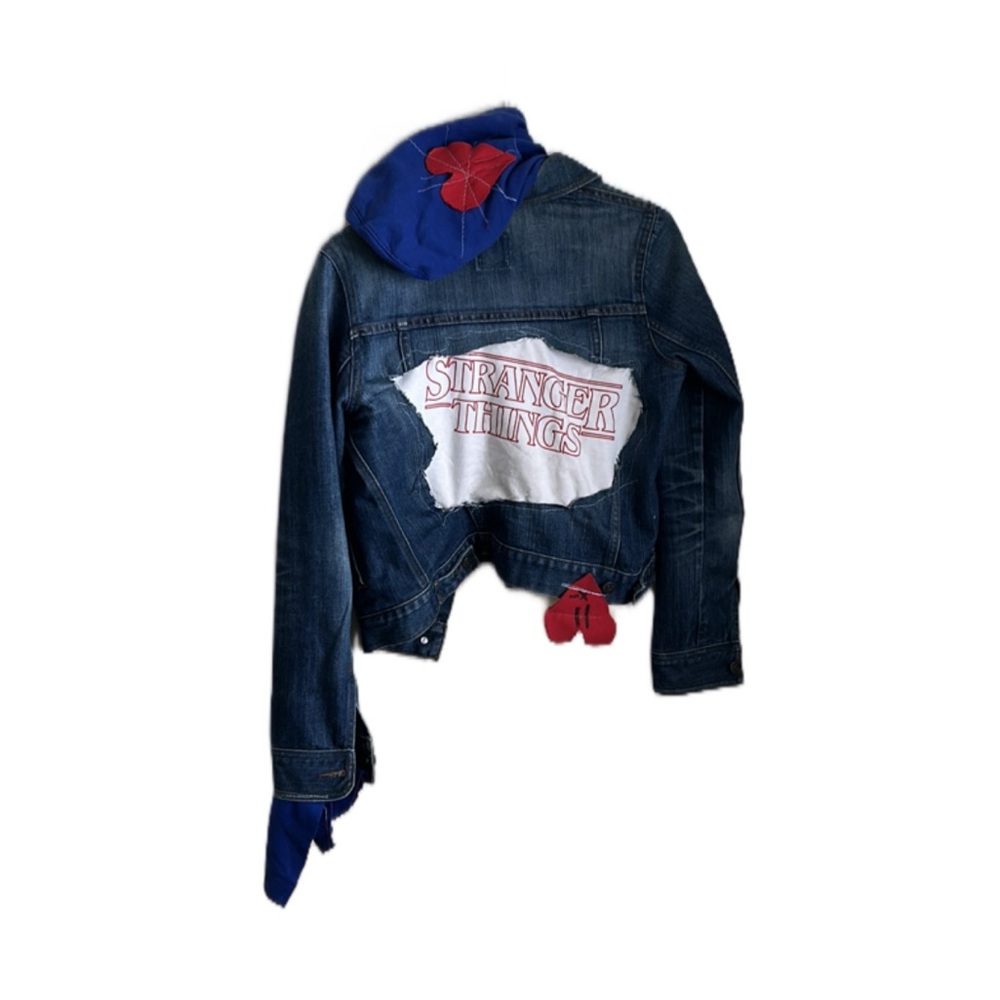 Stranger Things Denim Jacket with Blue Hoodie & Red Accents